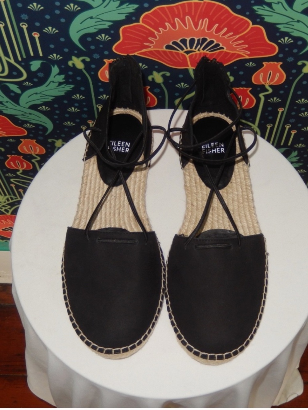 Eileen Fisher Black Suede Lace Elastic Strappy Espadrilles Shoes 9 New - Picture 3 of 4